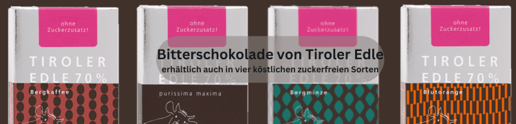Ein Teaserbild mit den 4 zuckerfreien Sorten Edelbitterschokolade von Tiroler Edle.